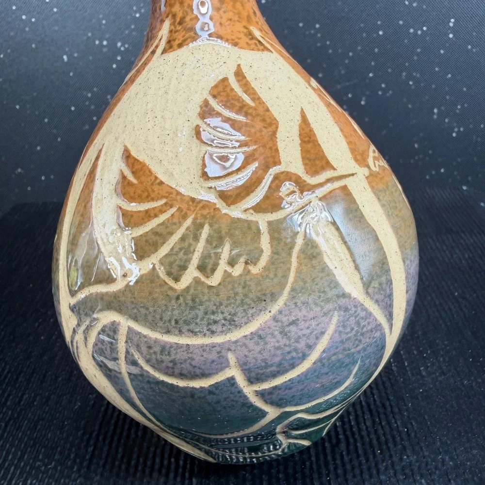 Frazer Signed Sgraffito Hummingbird Art Pottery Vase Ochre Green Purple 6 Inch